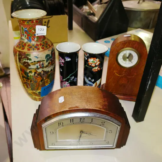2x wood cased mantle clocks, 2x Woods and Son canisters, Satsuma vase - has crack H-250