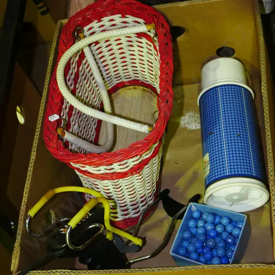box; blue ceramic marbles, thermos, woven plastic basket, slingshot
