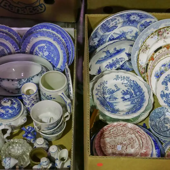 2x boxes; plates, cups, figurines etc - red dots