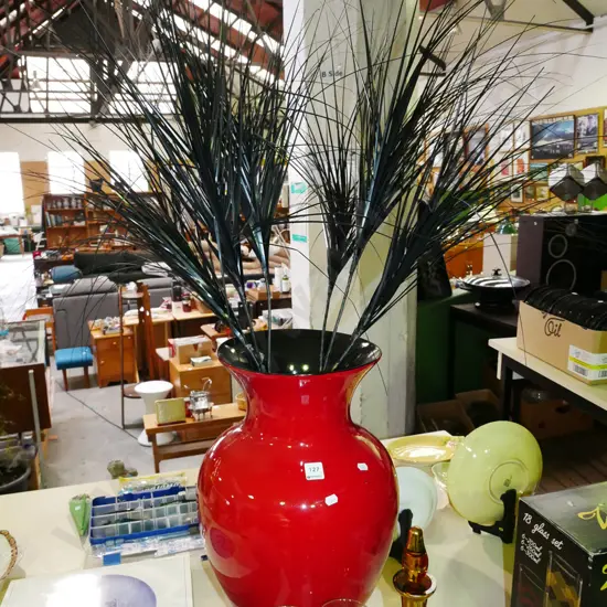 tall red glass vase and faux flowers Vase H-510