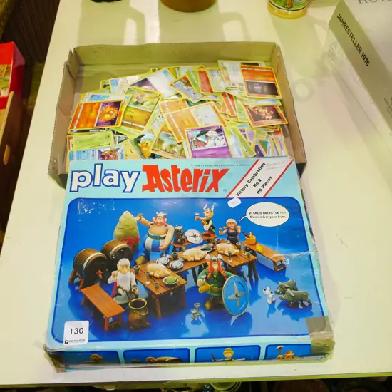 box; Pokemon cards, incomplete Asterix play set