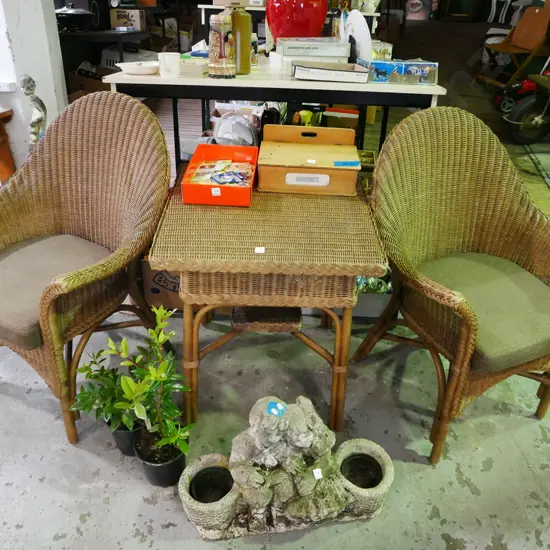 woven cane 3 piece patio set with 2 chairs and matching table