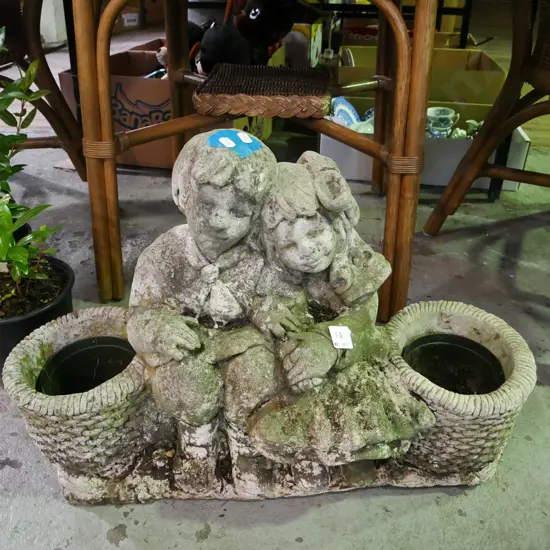 concrete garden ornaments/plant stand - children on bench H-420