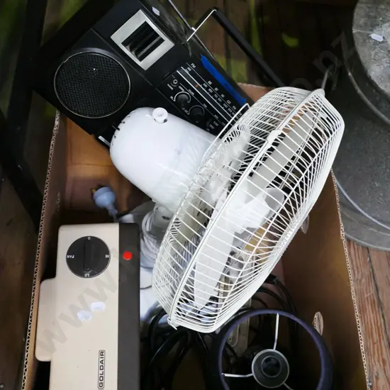box; heater, table lamp, fan, radio - no cord