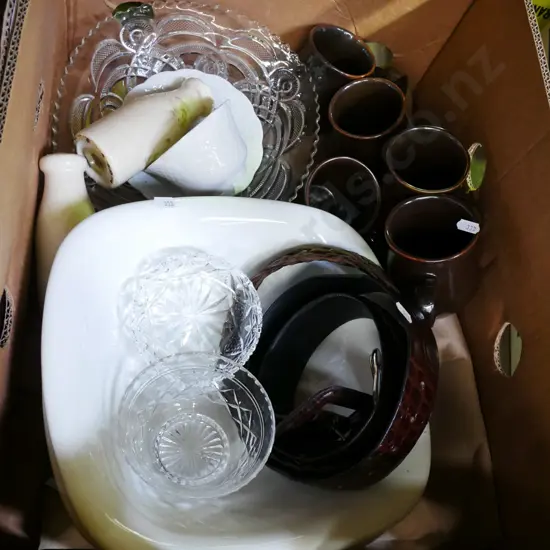 box; belt, coffee cups, glass bowls, vintage salt and pepper etc