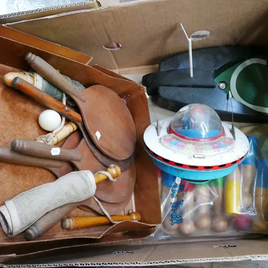 vintage table tennis set, early tin battery powered UFO toy, skittles etc