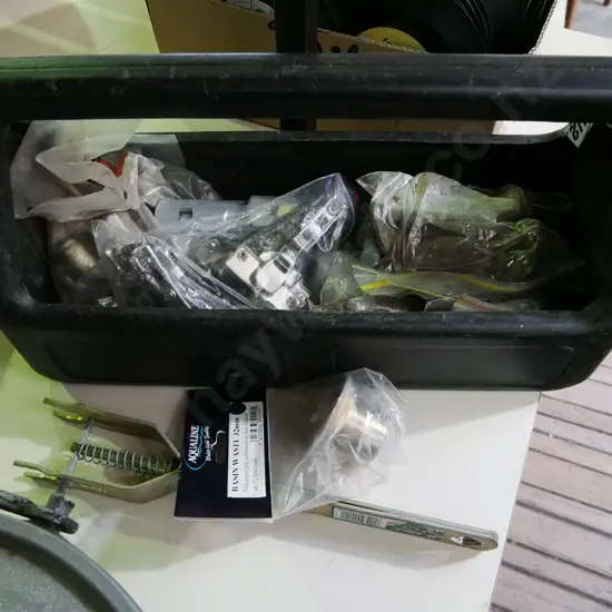 black plastic tool box; bolts, paint scraper, hinges etc