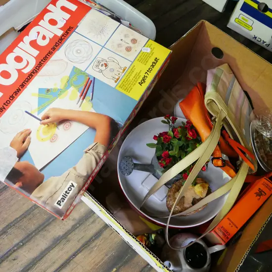 box; salad bowl, hand bags, spirograph etc