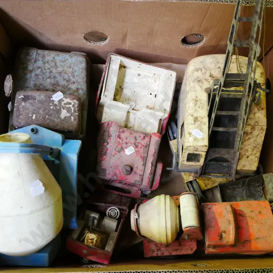 box; rusty vintage Tonka toys; cement trucks, crane, jeep etc