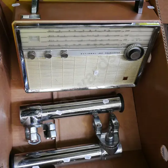 box; early National transistor radio, 2 adjustable stainless steel rod holders