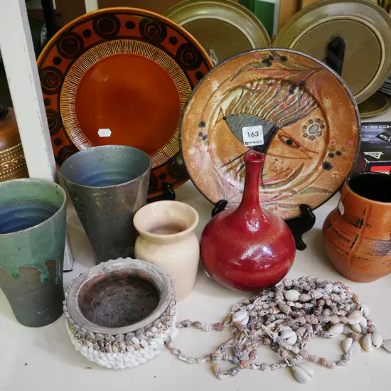 various vases, plates, bowl, shell necklace