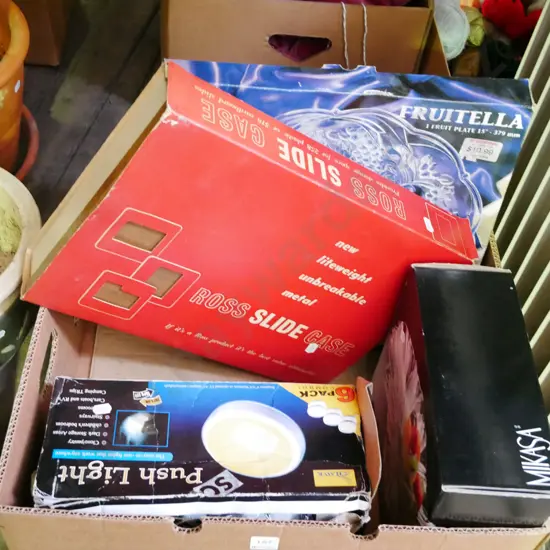 box; battery push lights, footed comport, fruit plates, slide projector storage case