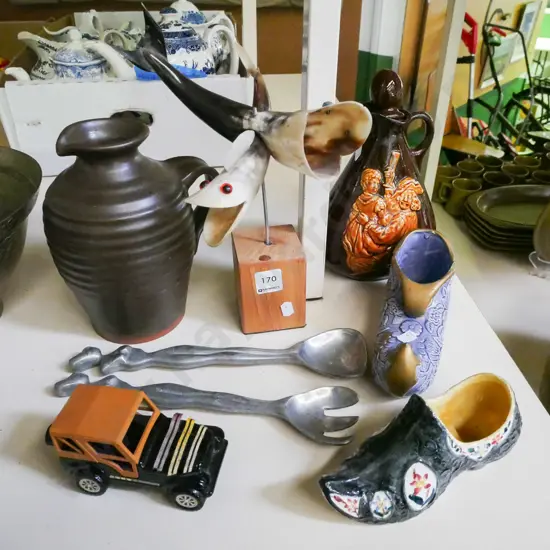 salad servers, stoppered jug, ceramic boots etc