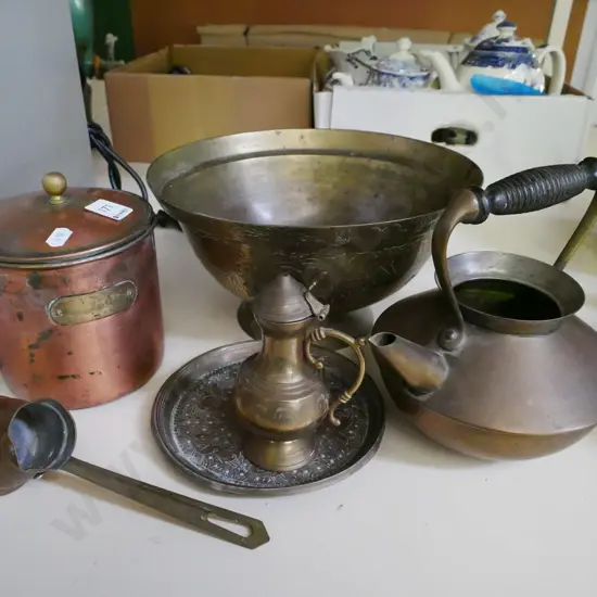 copper storage canister, brass bowl etc
