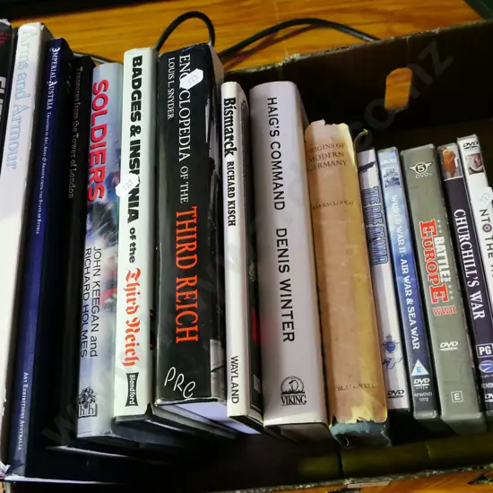 box; books about war, DVDs
