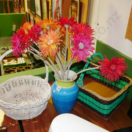 2 cane baskets, vase, faux flowers