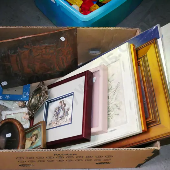 box of artworks - prints, coppers, oils etc