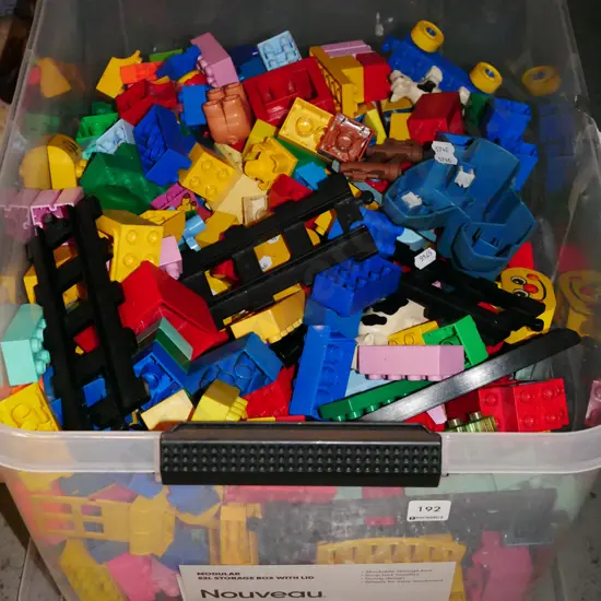 plastic tub of Duplo blocks