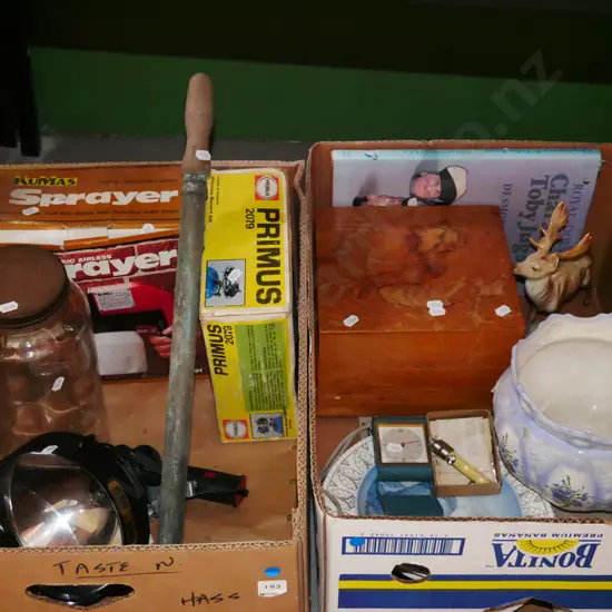 2x boxes; spotlight, storage canisters, jardiniere etc