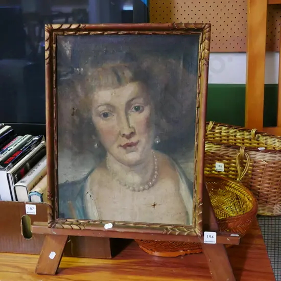 framed colonial oil on canvas, with easel - female portrait