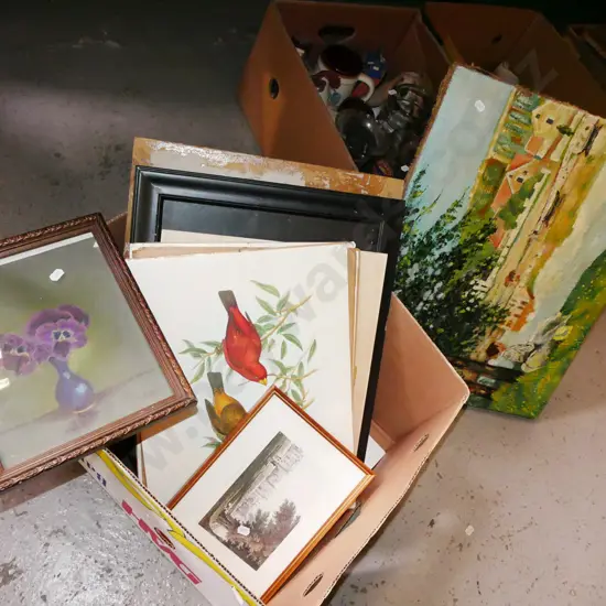 box of artworks- oils, watercolours, prints etc