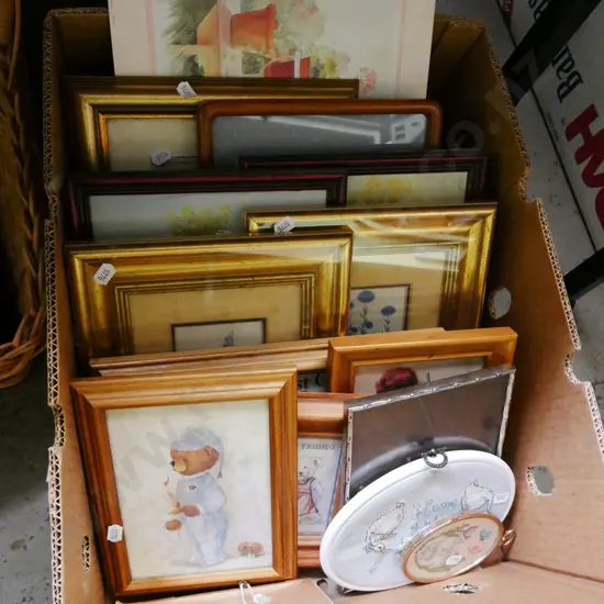 box; framed prints, needleworks, unframed prints