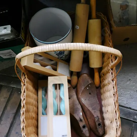 cane basket and contents, candles, rubbish bin etc