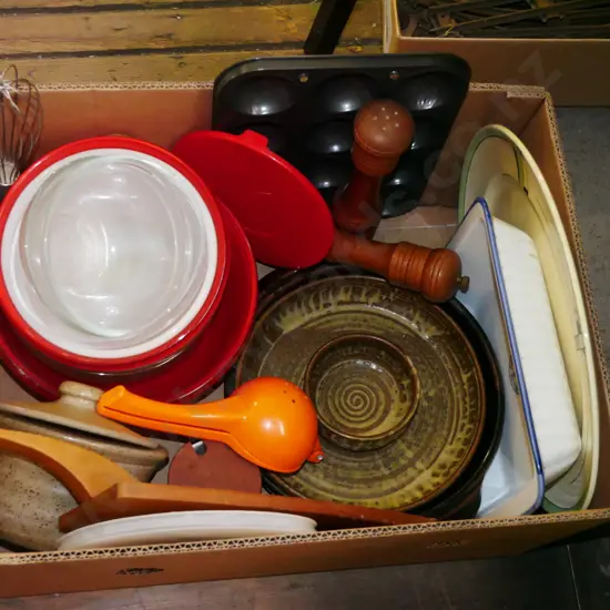 box; glass mixing bowls, orange squeezer, dishes etc