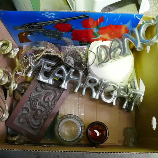 box; candelabra, tin sign, curtain hook tape etc