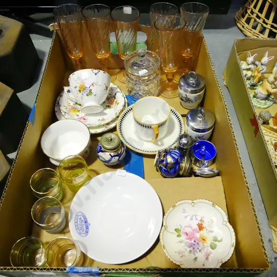 box; wine glasses, trio, cups, saucer, egg coddlers etc