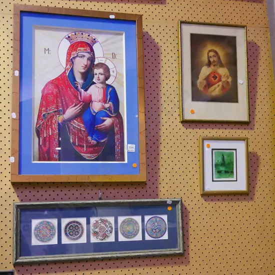 2x framed religious prints, 2x other prints - orange dots