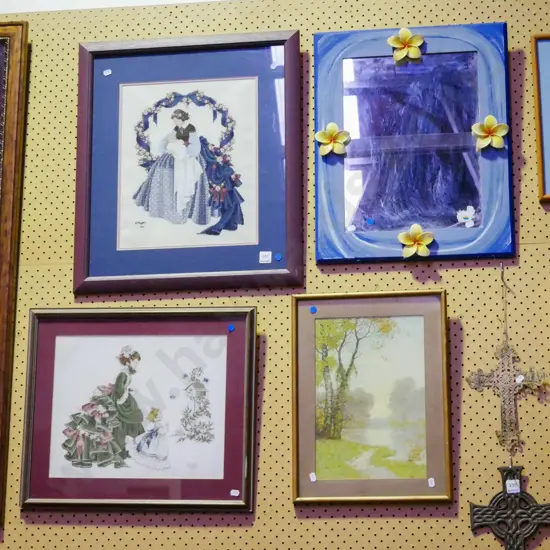 wall mirror, framed print, 2 needleworks - blue dots