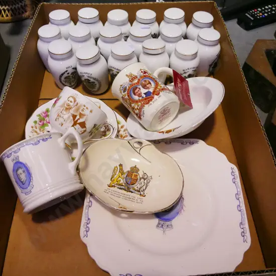 ceramic named herb canisters, royal cups, plates, bowls, trios