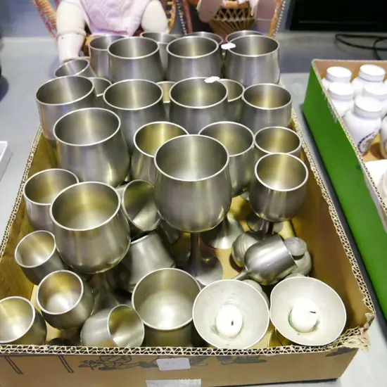 box; assorted pewter goblets, candlesticks, salt, peppers