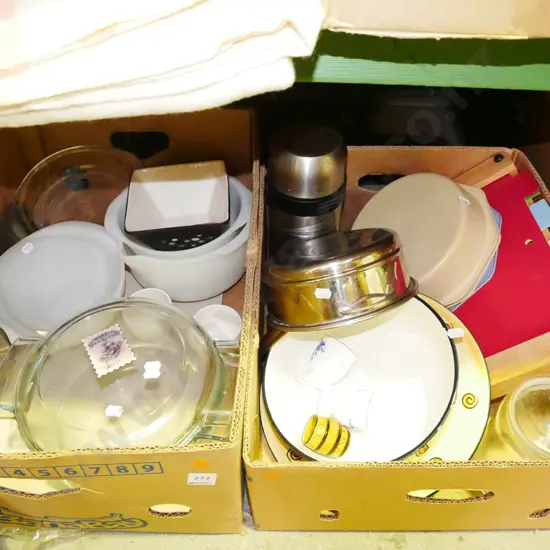 2x boxes; chopping boards, bowls, canisters etc - orange dots