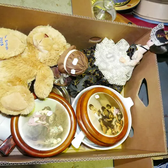 box; dolls, mixing bowls, ceramic coasters, teddy bear etc