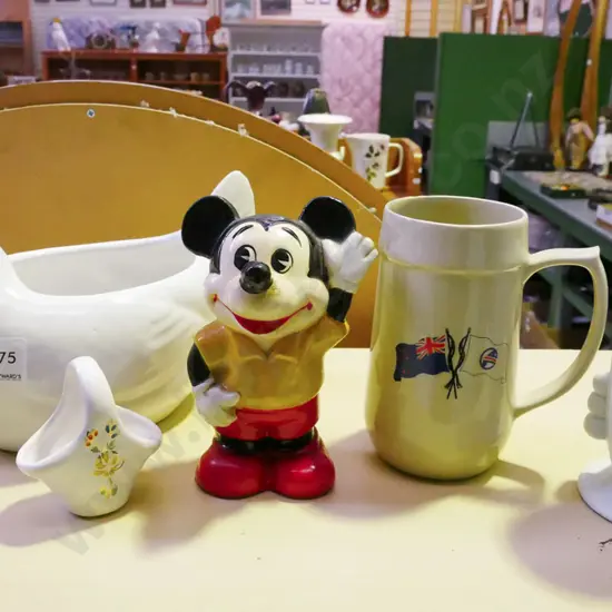 vase, small basket, Mickey Mouse figurine, beer stein etc