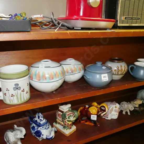 shelf; pottery vases, large Denby coffee cup, canister, sugar etc