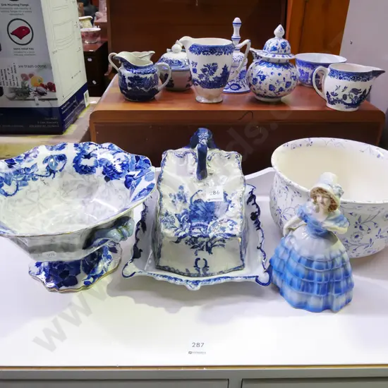 blue and white comport, guzunder, figurine, large cheese dish - all have some cracks, repairs 