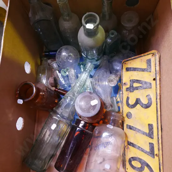 box; vintage bottles, lab glassware, number plates etc