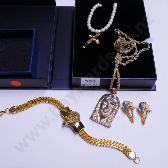 2x boxes; golden jewellery; pendants, earrings, bracelet - orange dots