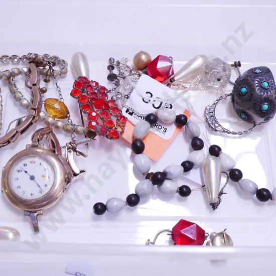 tub of costume jewellery, broken wristwatch