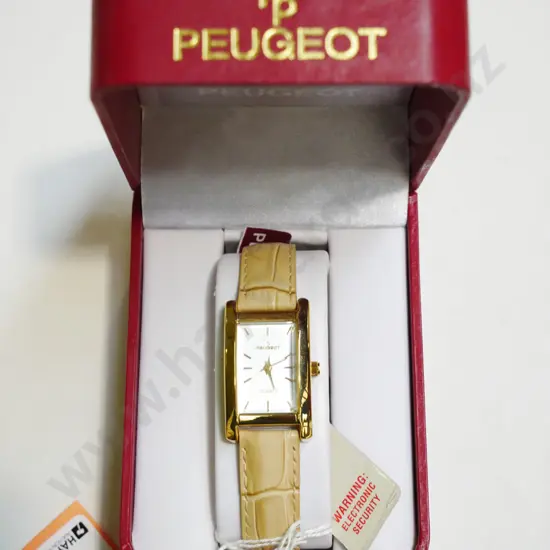 cased ladies Peugot golden and leather strap wristwatch