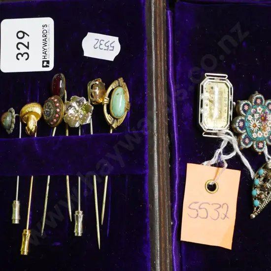 jewellery box; hat pins, part vintage wristwatch, broken brooch, 1x earring