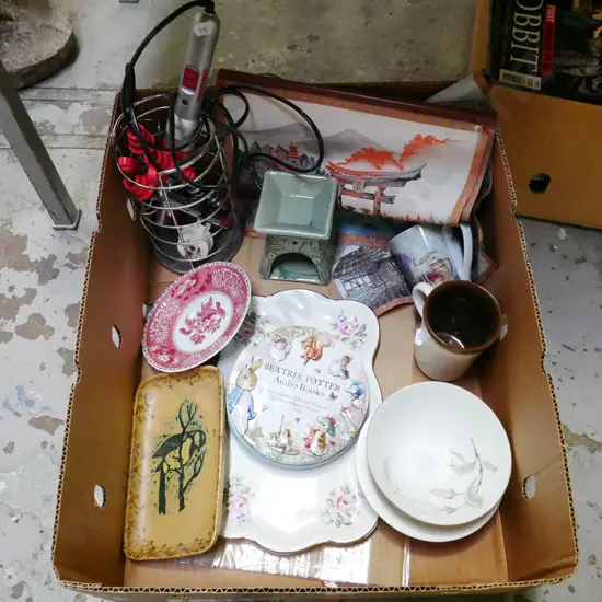 box; scrolls, hair curling tongs, tray etc