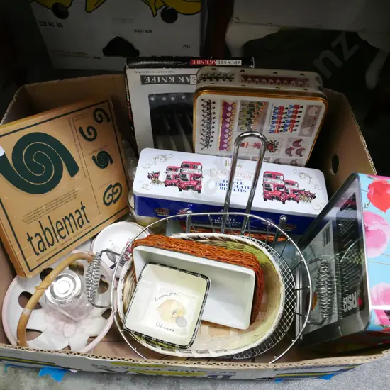 box; biscuit tins, wire baskets, trays, tablemat etc