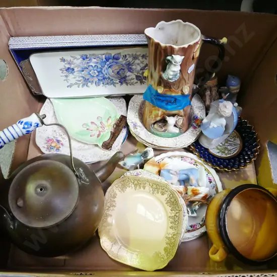 box; figurines, bowls, plates, copper tea pot etc