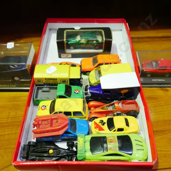 tray of toy vehicles