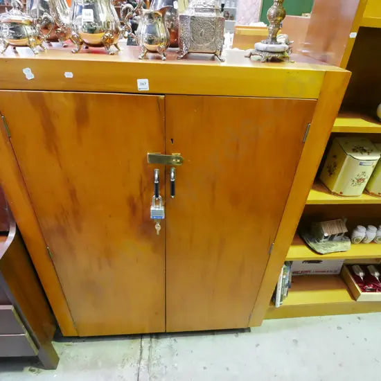 lockable rimu 2 door cabinet with internal shelves H-1225 W-920 D-310 - key in office