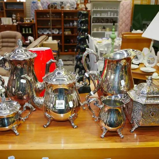plated coffee pots, creamer, sugar, lidded canister